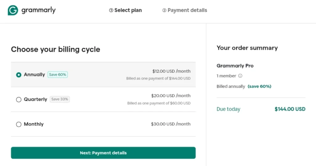 Grammarly payment 