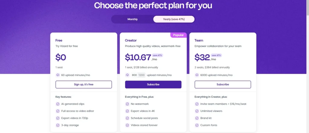 Vizard AI Pricing